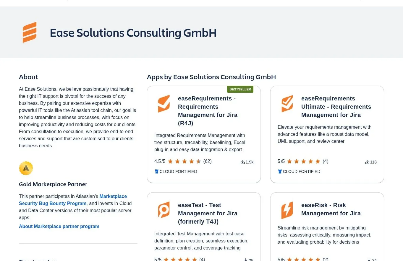 Ease Solutions’ Atlassian Marketplace profile showing Gold Marketplace Partner status, easeRequirements, and other Jira apps.